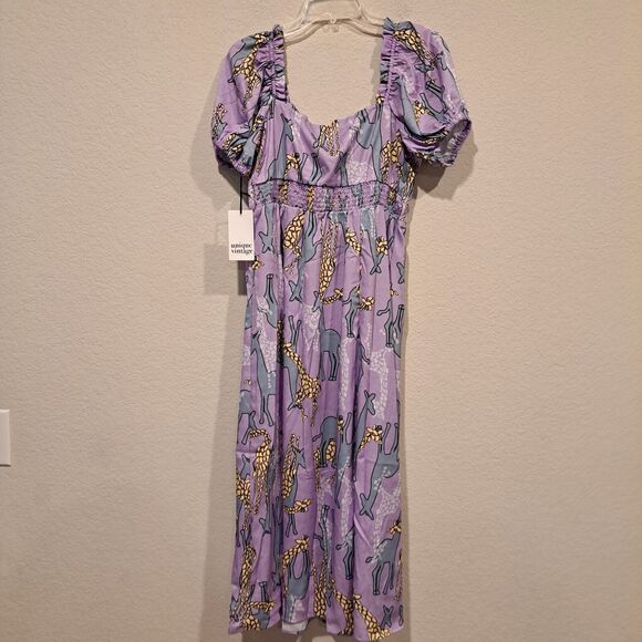 Unique Vintage Dress Purple Wild Hearts Run Free Giraffe Print Midi L 10-12 New - Picture 7 of 10